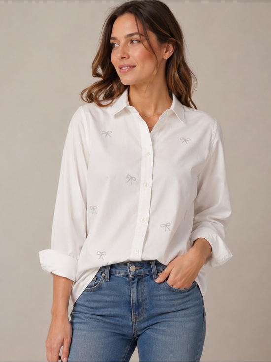 J. Crew Tops - J. CREW Jeweled Bow Button Up Shirt White Size L NEW